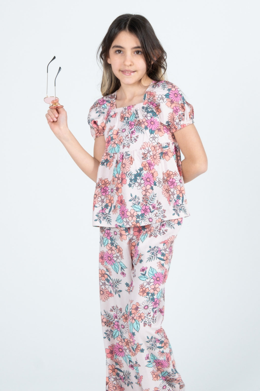 Kız Çocuk %100 Dokuma Viskon Çiçek Desenli Alt Üst Şortlu Takım - Çiçek Desen