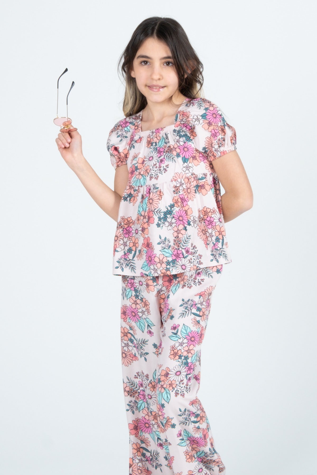 Kız Çocuk %100 Dokuma Viskon Çiçek Desenli Alt Üst Şortlu Takım - Çiçek Desen