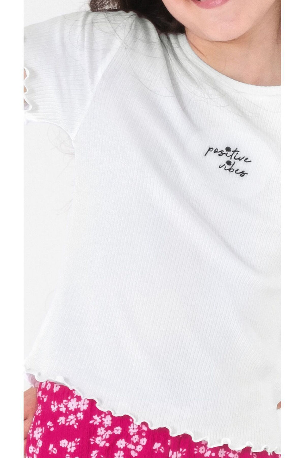 Kız Çocuk Beyaz Tişört Ve Çiçek Desenli Pembe Pantolon Takımı / Farklı Renk Seçenekleriyle - Beyaz