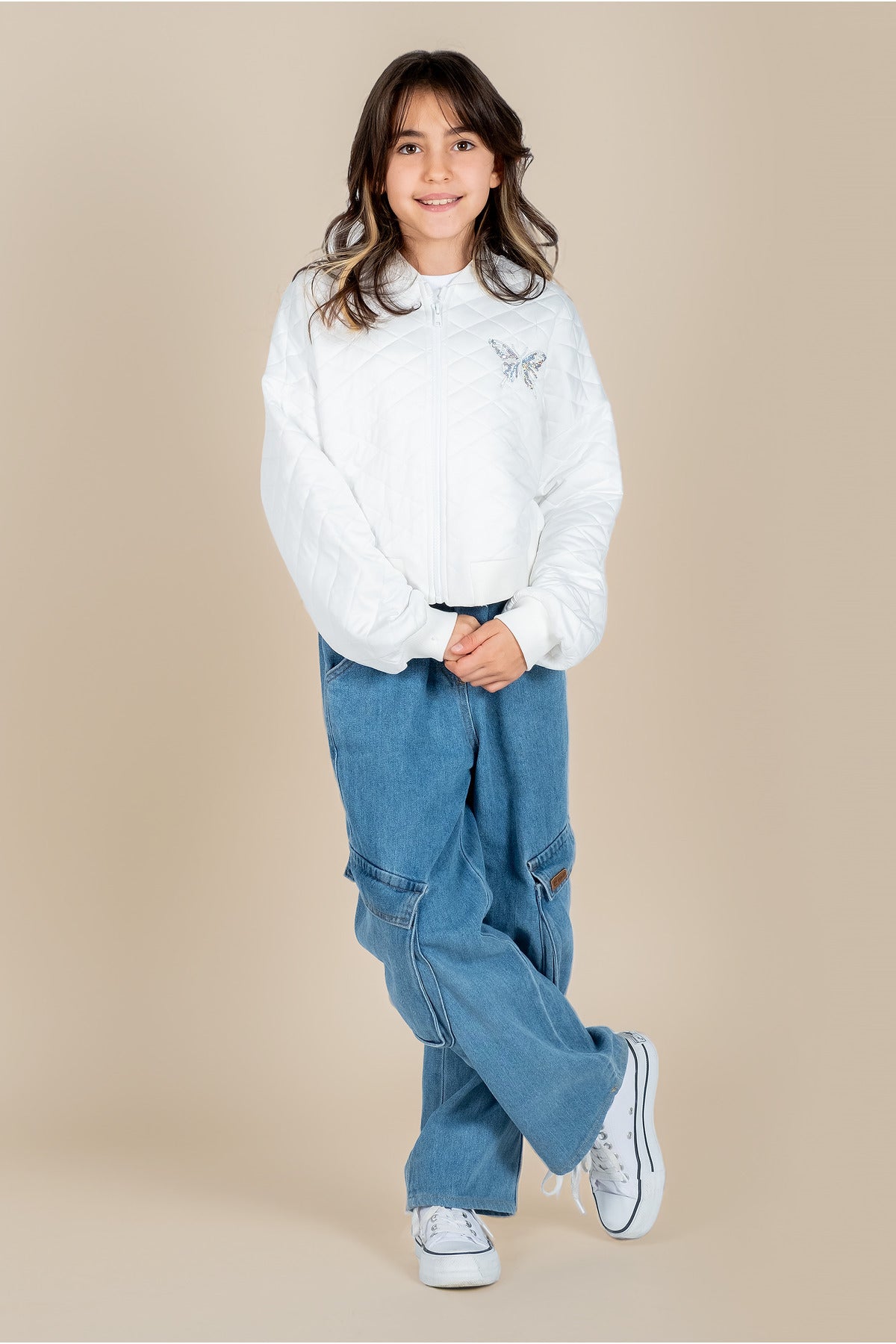 Çocuk Kapitone Ceket - 3 Renk Seçeneği (beyaz, Pembe, Mavi) - Kelebek Detaylı Fermuarlı Ve Düğmeli