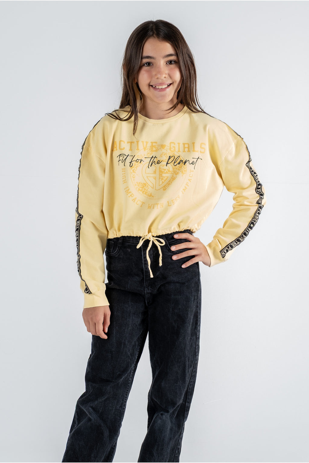 Kız Çocuk Baskılı Beli Büzgülü Uzun Kollu Sweatshirt – 4 Renk Seçeneği