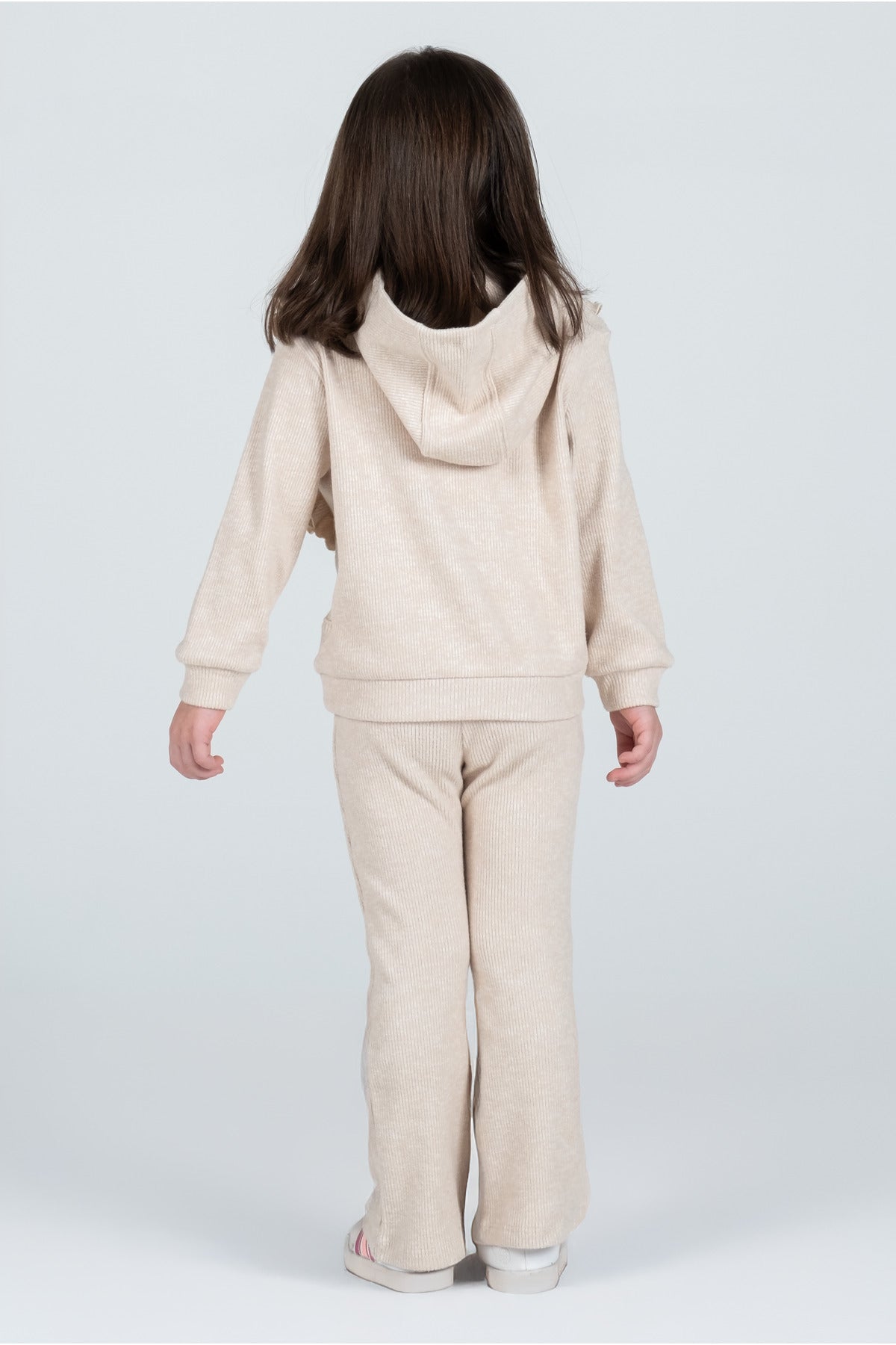 Kız Çocuk Fırfır Detaylı Kapüşonlu Triko Eşofman Takımı - Bej