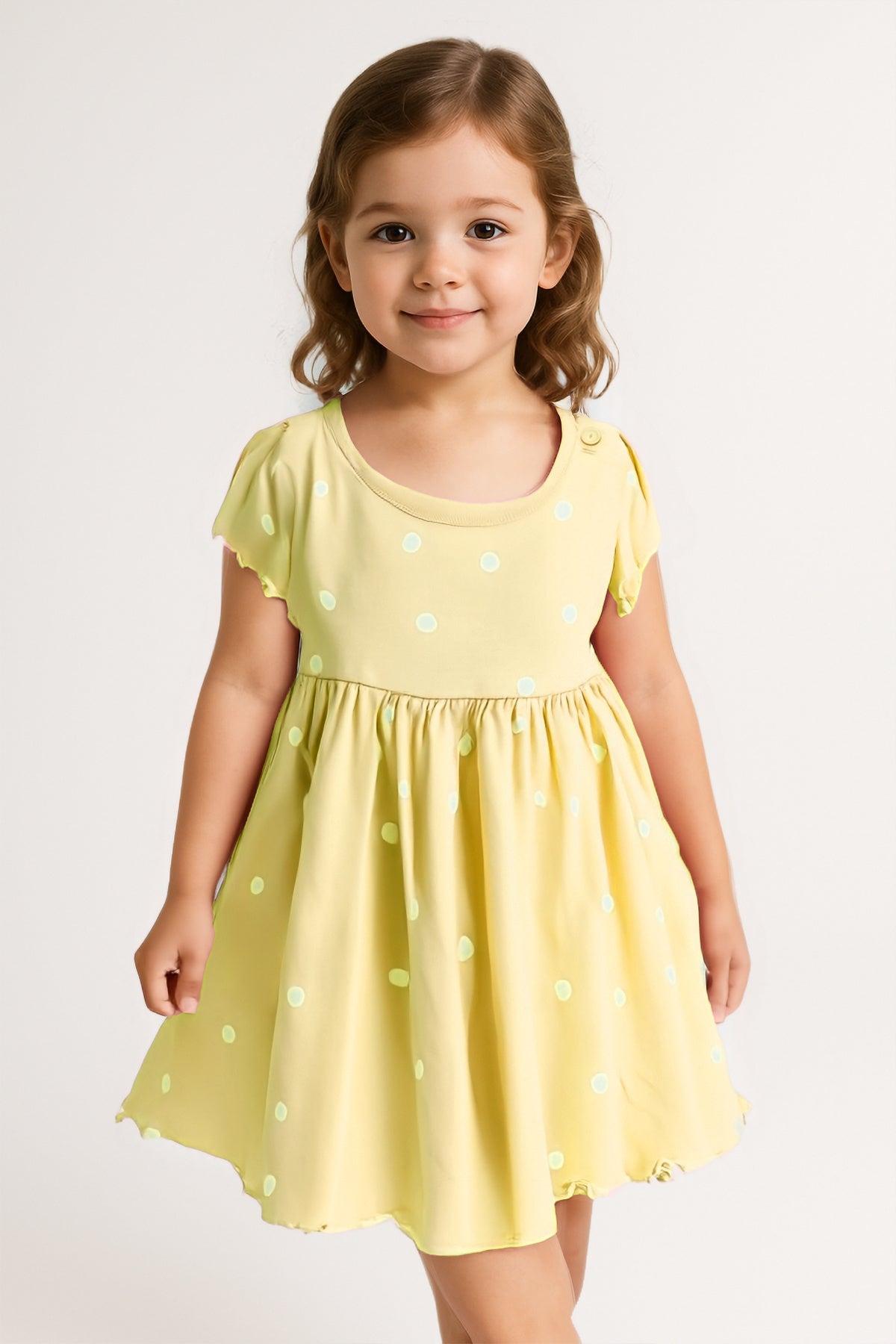 %100 Pamuk Yaka Düğme Kapama Kız Bebek Elbise - Lila - Sarı
