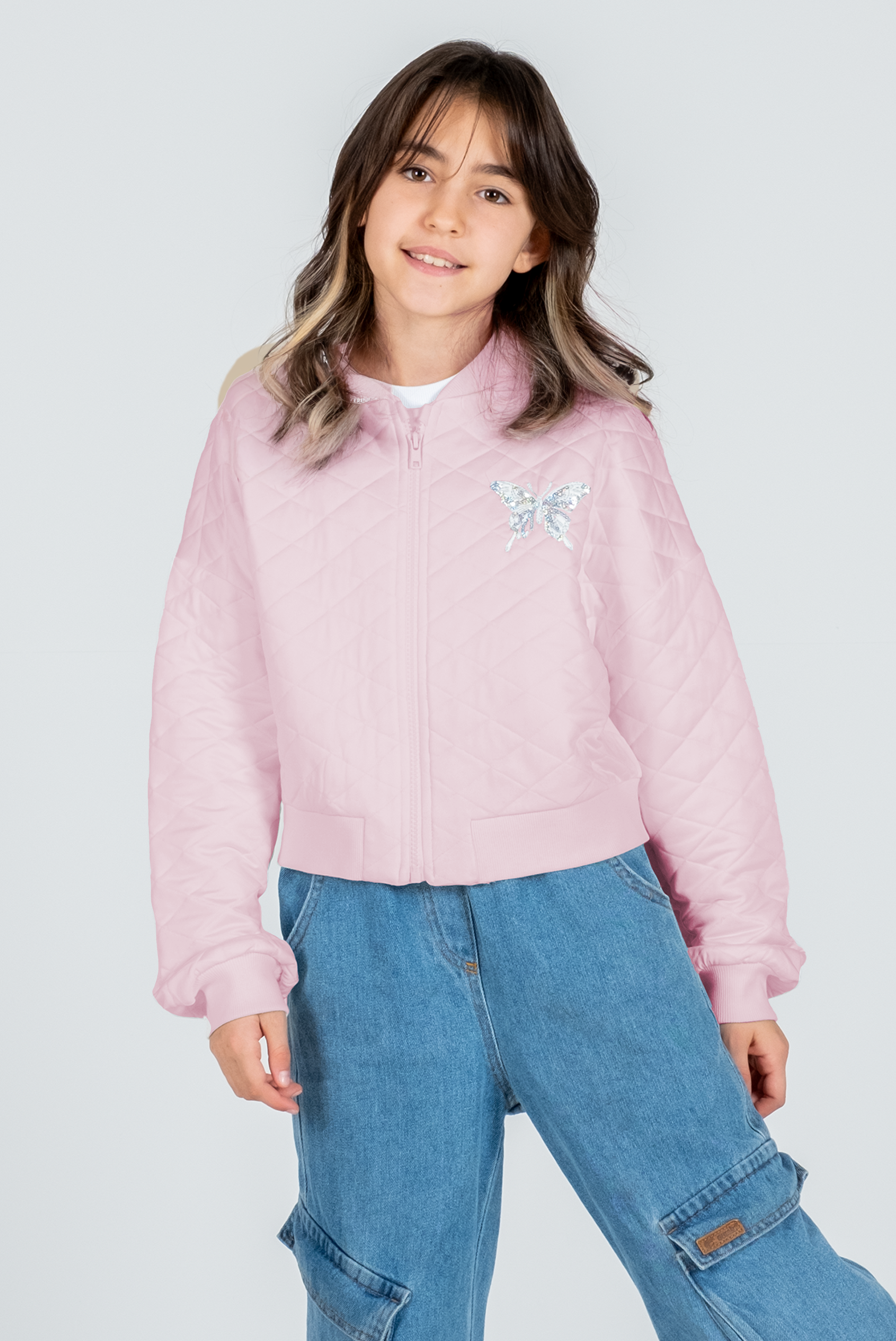 Kız Çocuk Kapitone Ceket – Kelebek Detaylı, Fermuarlı & Düğmeli | 3 Renk Seçeneği