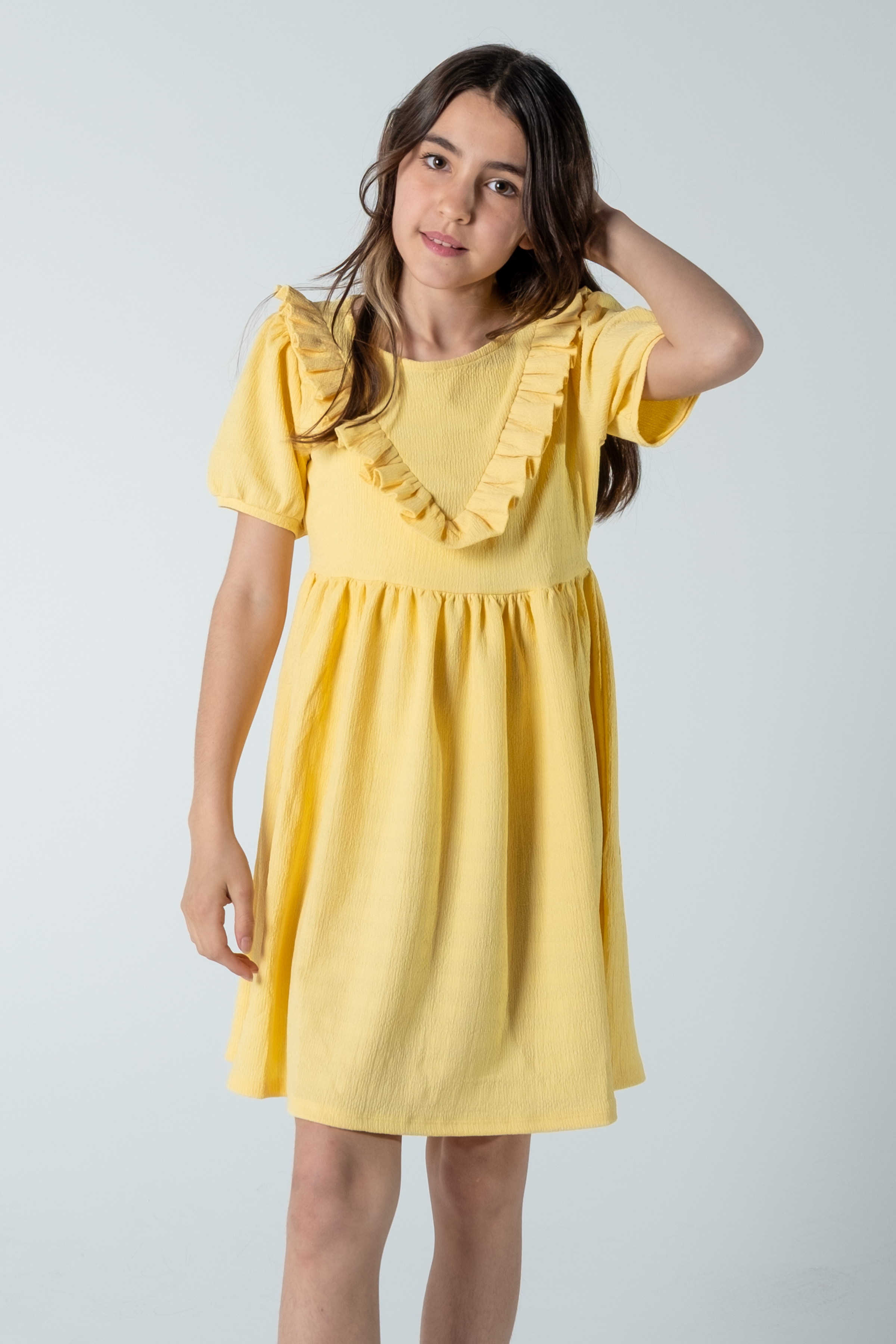 Kız Çocuk Fırfır Detaylı Bürümcük Kumaş Elbise – Yazlık & Hafif (3 Renk Seçeneği)
