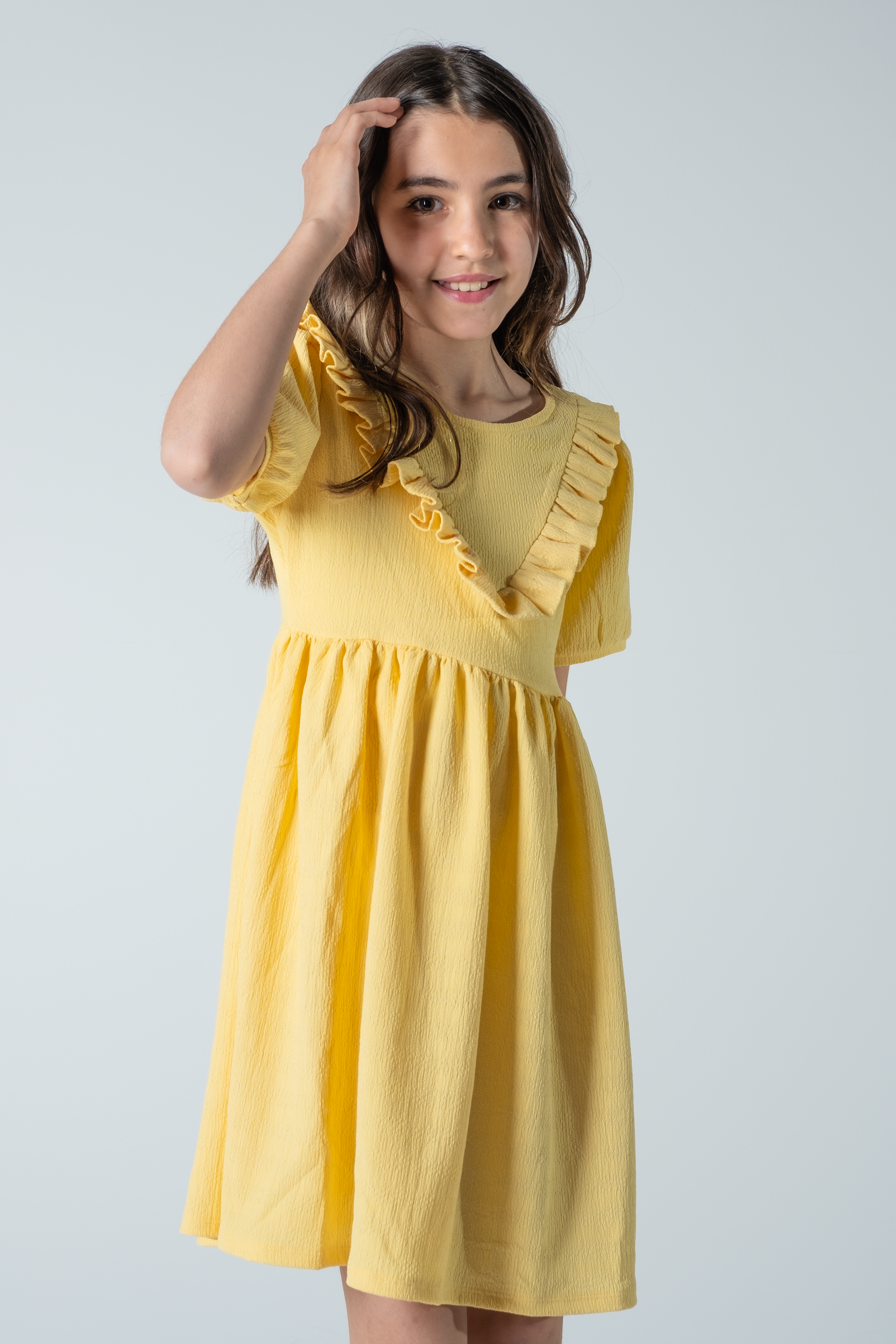 Kız Çocuk Fırfır Detaylı Bürümcük Kumaş Elbise – Yazlık & Hafif (3 Renk Seçeneği)