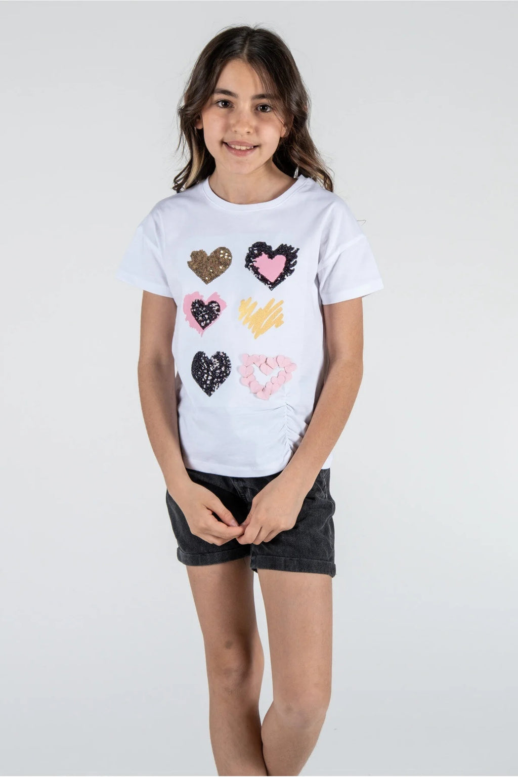 Kız Çocuk %100 Pamuk Kalpli Payetli Tişört – Yazlık & Eğlenceli (2 Renk Seçeneği)