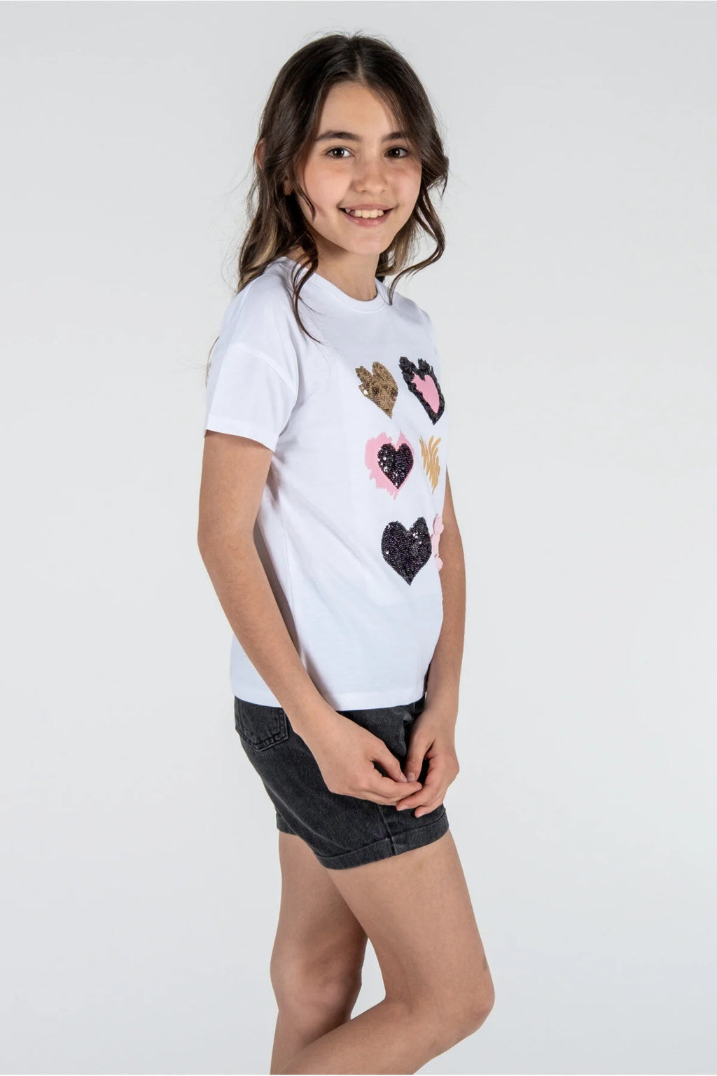 Kız Çocuk %100 Pamuk Kalpli Payetli Tişört – Yazlık & Eğlenceli (2 Renk Seçeneği)