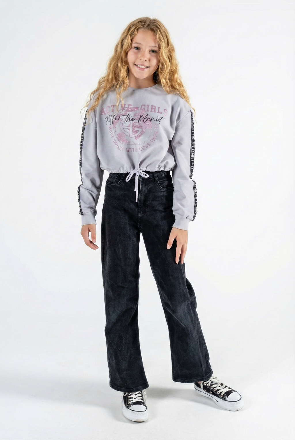 Kız Çocuk Baskılı Beli Büzgülü Uzun Kollu Sweatshirt – 4 Renk Seçeneği