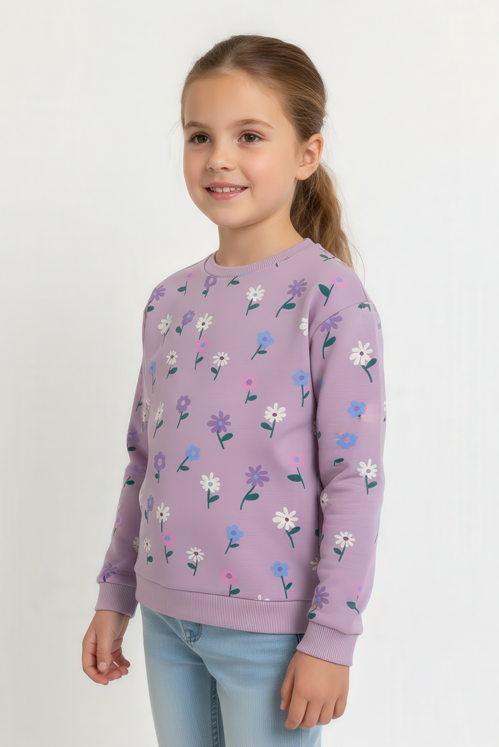 Kız Çocuk %100 Pamuk Kalp Baskılı Sweatshirt – Lila & Koyu Gri