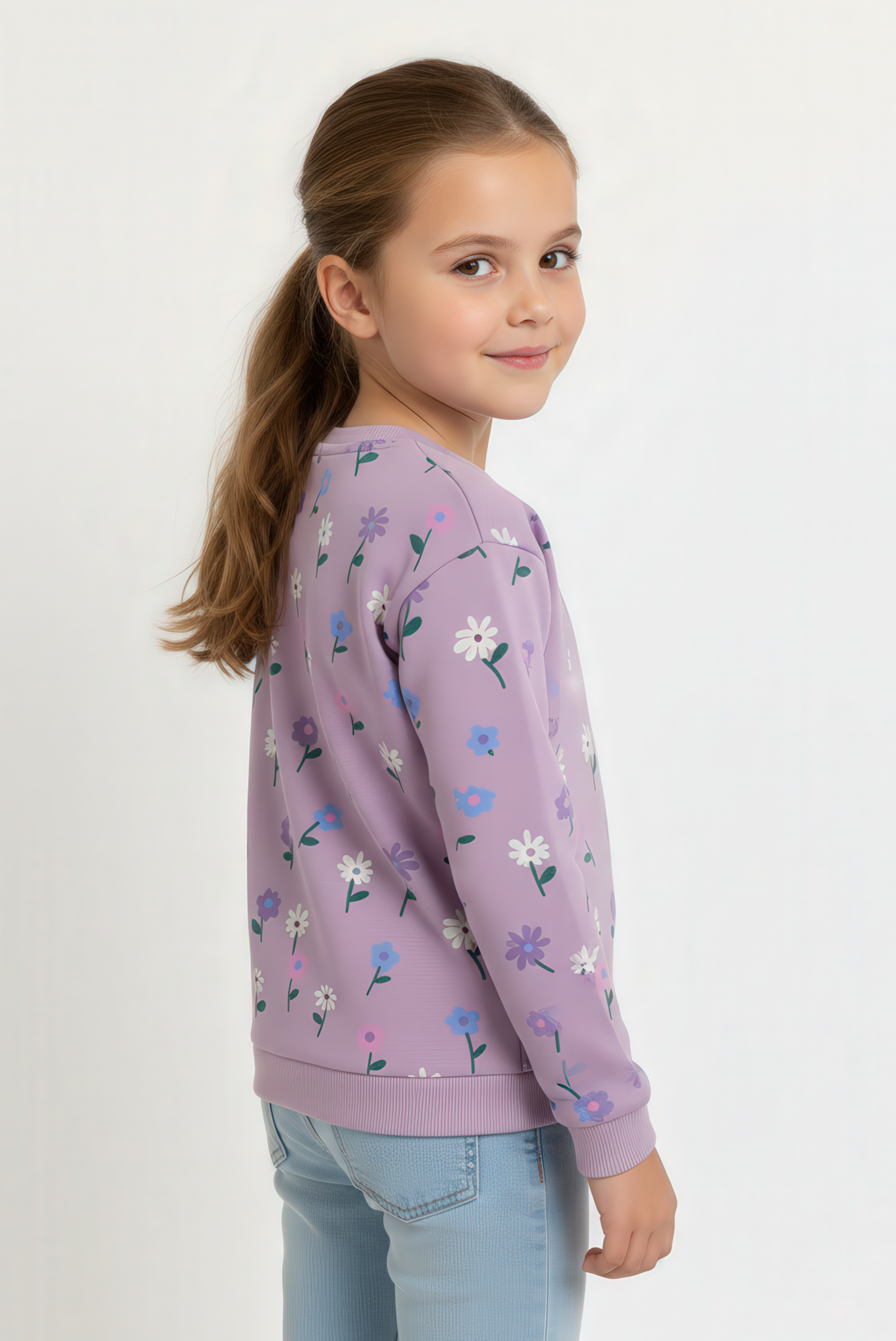 Kız Çocuk %100 Pamuk Kalp Baskılı Sweatshirt – Lila & Koyu Gri