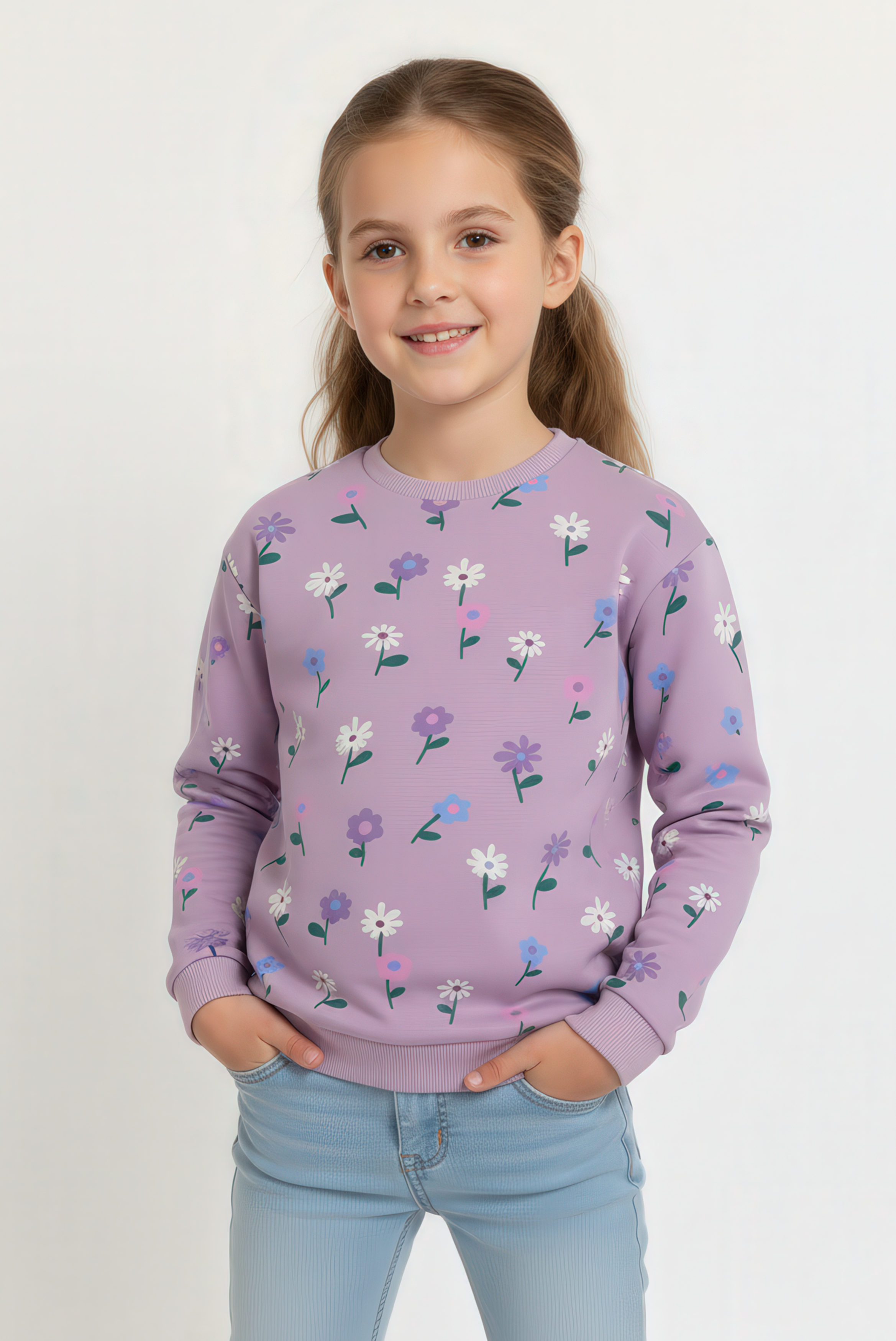 Kız Çocuk %100 Pamuk Kalp Baskılı Sweatshirt – Lila & Koyu Gri