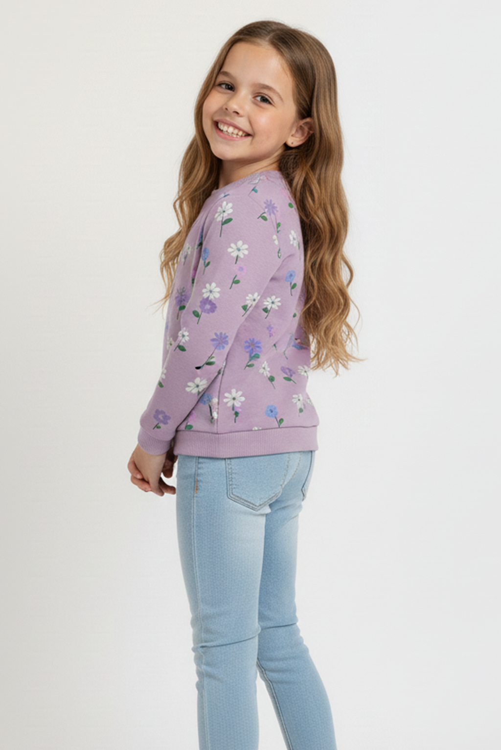 Kız Çocuk %100 Pamuk Kalp Baskılı Sweatshirt – Lila & Koyu Gri