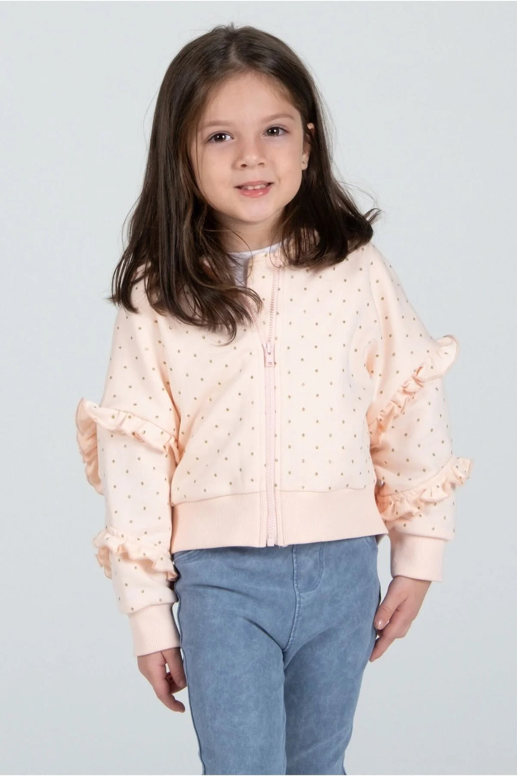 Kız Çocuk Fırfırlı Puantiyeli Kapüşonlu Ceket – Pamuklu & Şık Tasarım (2 Renk Seçeneği)