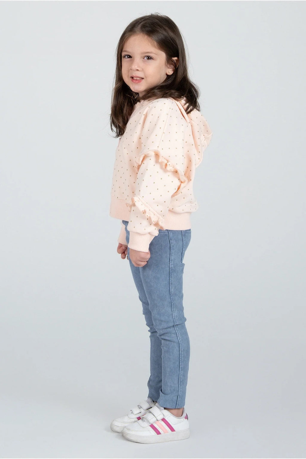 Kız Çocuk Fırfırlı Puantiyeli Kapüşonlu Ceket – Pamuklu & Şık Tasarım (2 Renk Seçeneği)