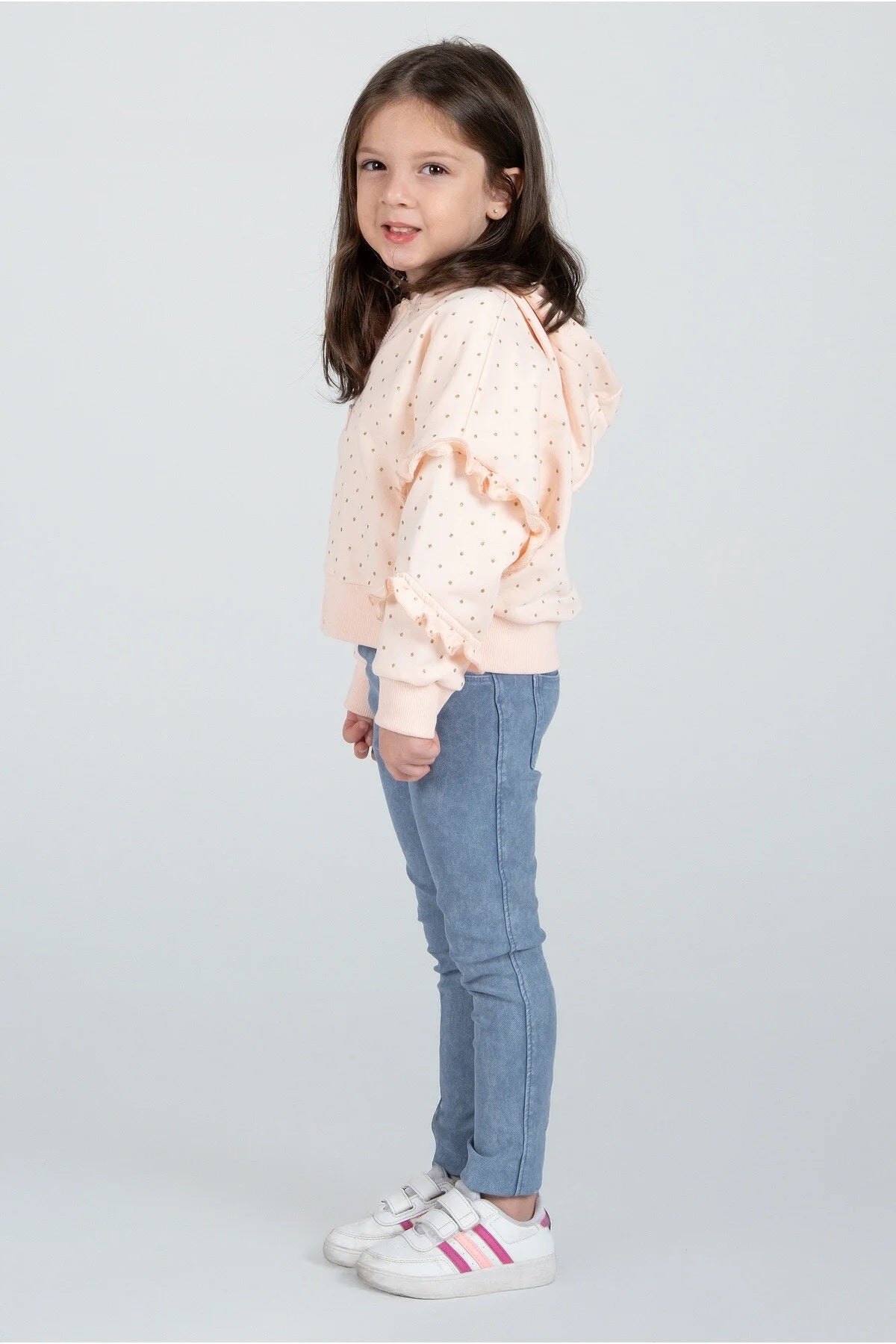 Kız Çocuk Fırfırlı Puantiyeli Kapüşonlu Ceket – Pamuklu & Şık Tasarım (2 Renk Seçeneği)